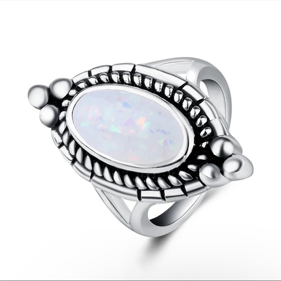 New Delicate Oval Ring White Gold Bohemian 925 Silver Retro Flower Opal Ring - Picture 7 of 8